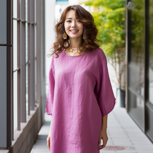 Linen ベルギーリネン バックタック Aラインワンピース|パープル(七分袖)