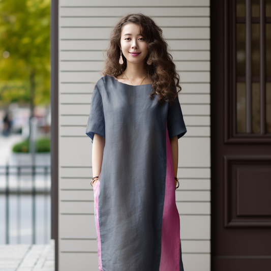 Signature リネン シルバーグレー×グラデーション ベリーベリー サイドタック ワンピース(フレンチスリーブ)