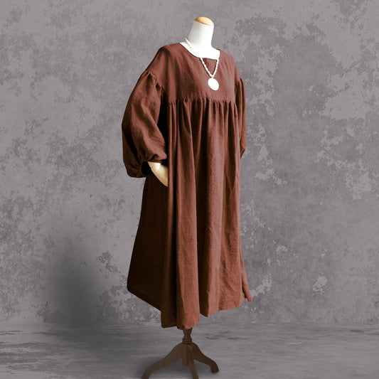 Linen ナチュラルリネン ギャザー ワンピース(長袖)|ブリックブラウン / ヴィンテージグリーン