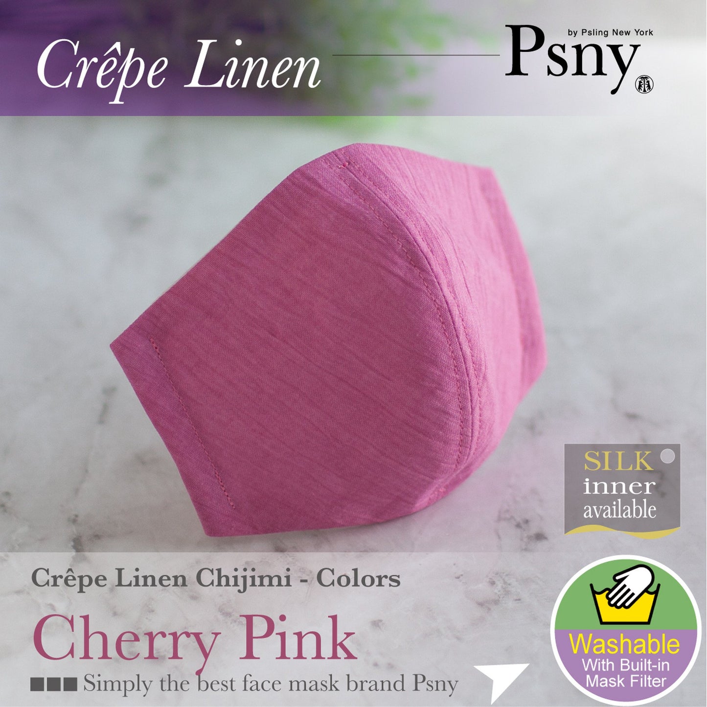 PSNY 免費送貨縐麻/櫻桃粉色夏季亞麻 Chijimi Omi 手揉麻 100% 花粉無紡布過濾器包括面膜清爽觸感涼爽絲綢成人 3D 成人面膜 -PC09