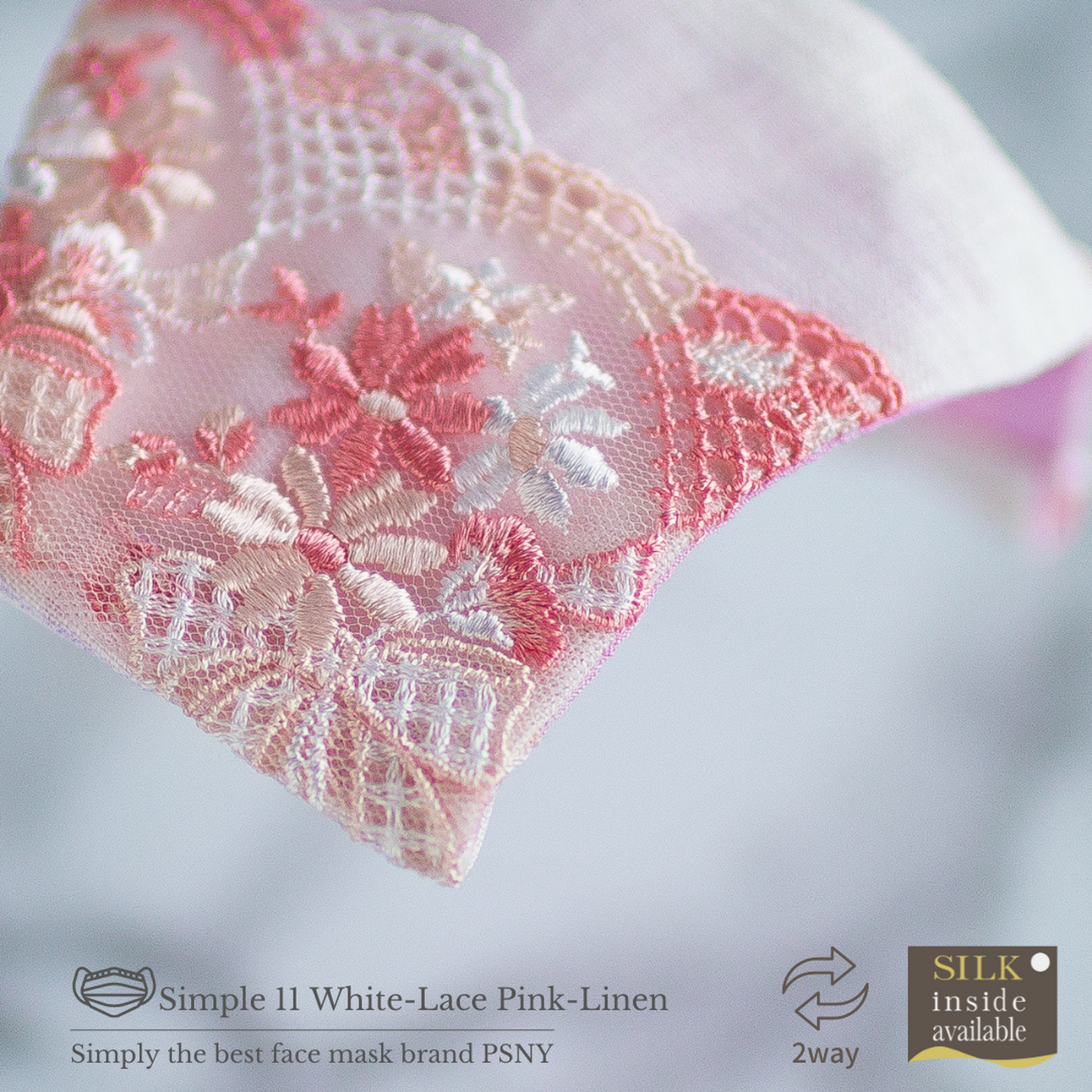 PSNY 2way Pink Lace & White Linen Mask Cover Non-Woven Mask Looks Beautiful 3D Mask Skin Surface/Silk Selectable String Attached Mask Cover 3D Beauty Elegant Ceremonial Occasions Two Way 2W11