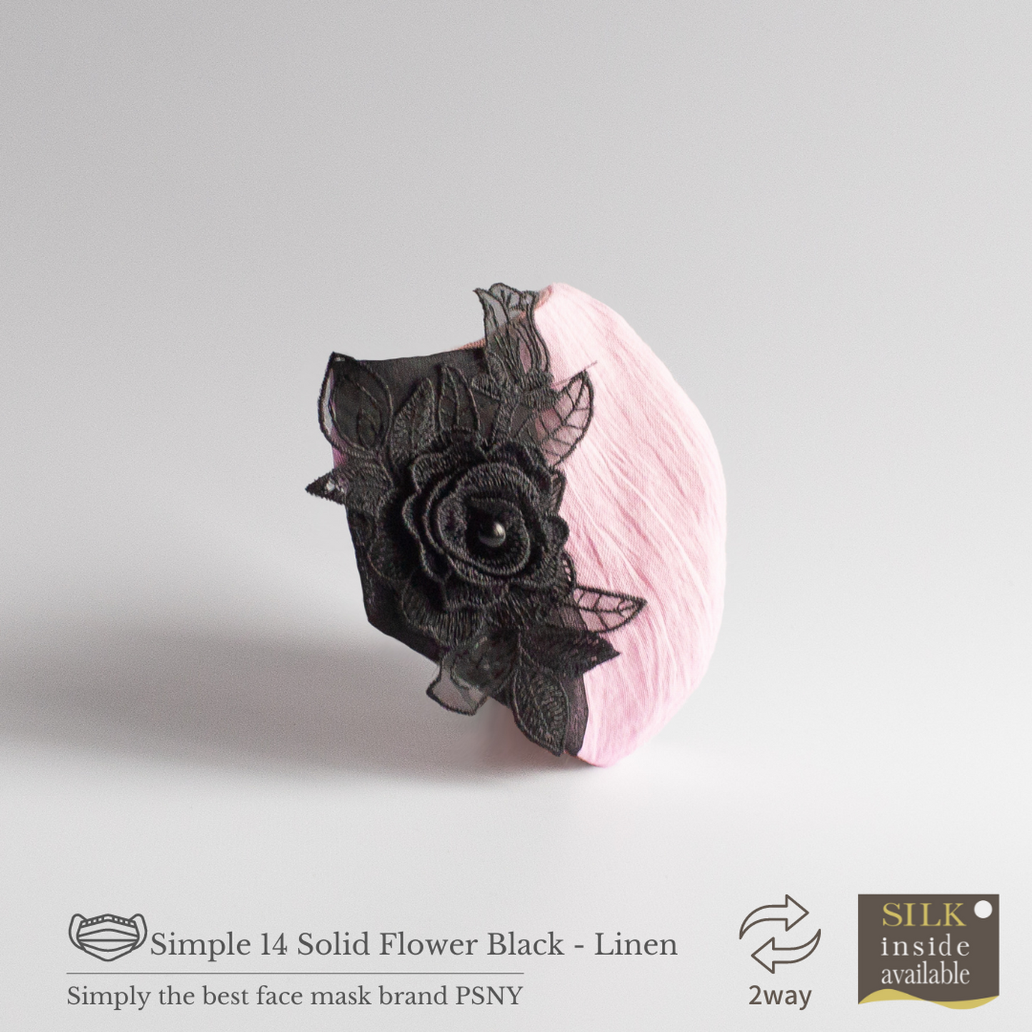 PSNY 2way・ブラックの立体花モチーフで装飾されたピンク色リネンのマスクカバー 不織布マスクと組合せ 肌面・シルク選択可 紐付 ますくかばー 立体 美人 ツーウェイ 2W14