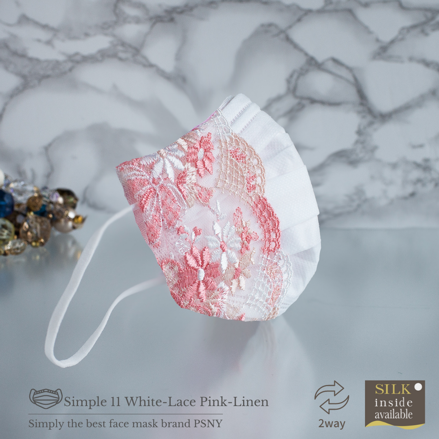 PSNY 2way Pink Lace & White Linen Mask Cover Non-Woven Mask Looks Beautiful 3D Mask Skin Surface/Silk Selectable String Attached Mask Cover 3D Beauty Elegant Ceremonial Occasions Two Way 2W11