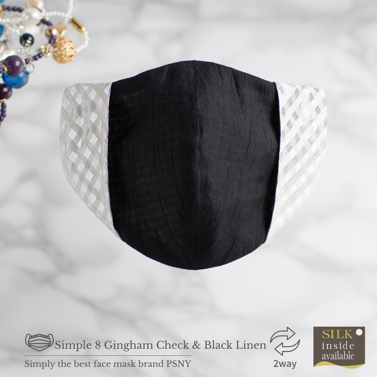 PSNY 2-Way Silver Gingham Check Mask Cover Non-Woven Mask Looks Beautiful 3D Mask Skin-friendly Silk Beautiful 100% Silk Mask Cover 3D Adult Mask Two-Way 2W08