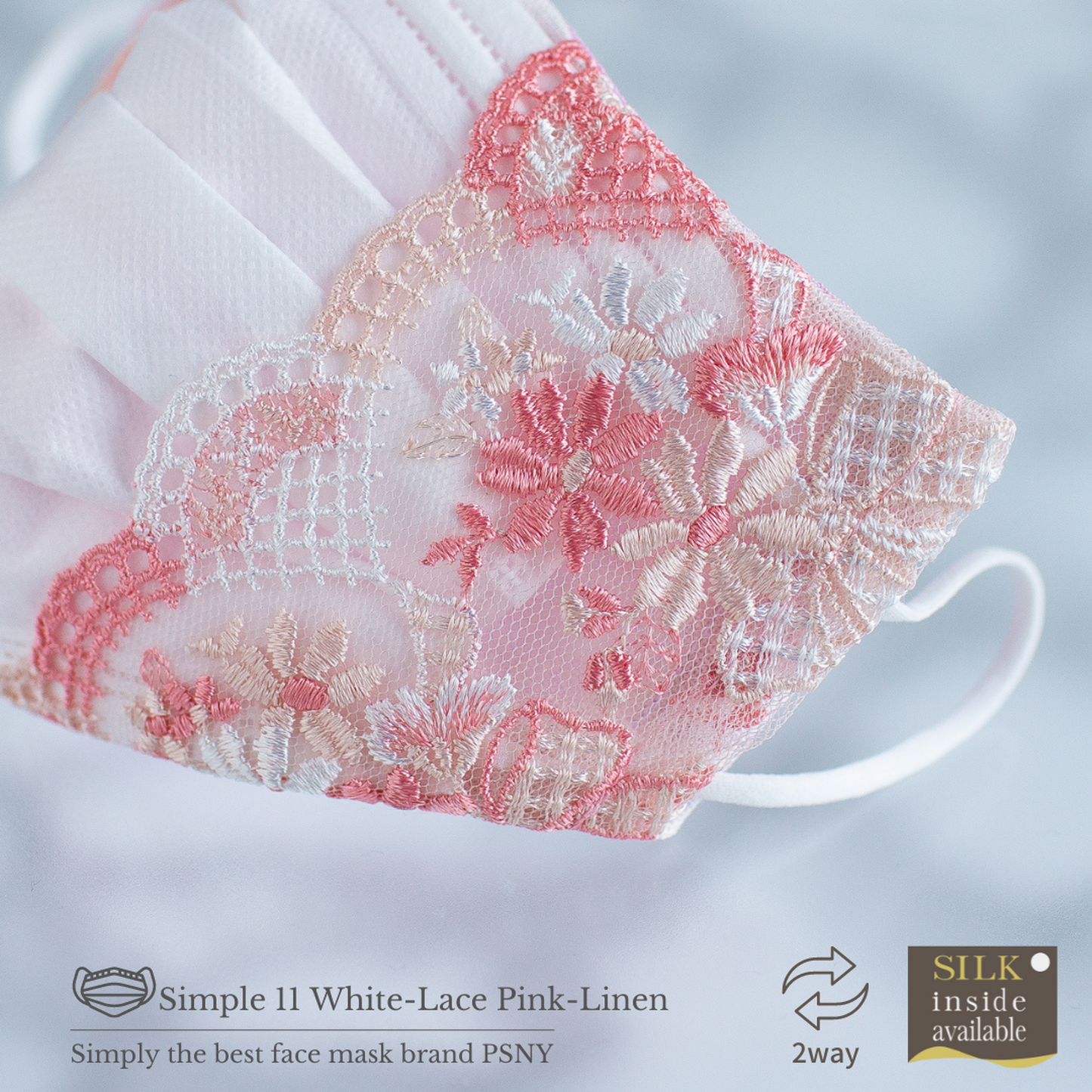 PSNY 2way Pink Lace & White Linen Mask Cover Non-Woven Mask Looks Beautiful 3D Mask Skin Surface/Silk Selectable String Attached Mask Cover 3D Beauty Elegant Ceremonial Occasions Two Way 2W11
