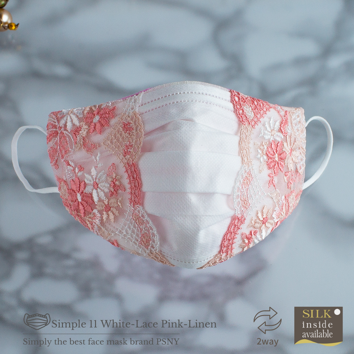 PSNY 2way Pink Lace & White Linen Mask Cover Non-Woven Mask Looks Beautiful 3D Mask Skin Surface/Silk Selectable String Attached Mask Cover 3D Beauty Elegant Ceremonial Occasions Two Way 2W11