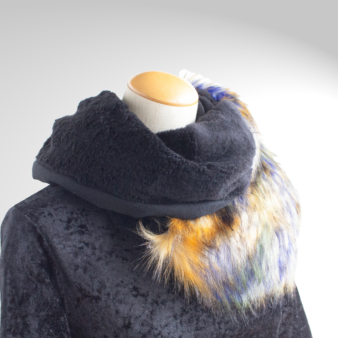 PSNY Blue Mix Eco Fur & Dark Blue Jacquard and Black Cashmere Snood 人造毛皮 SD22