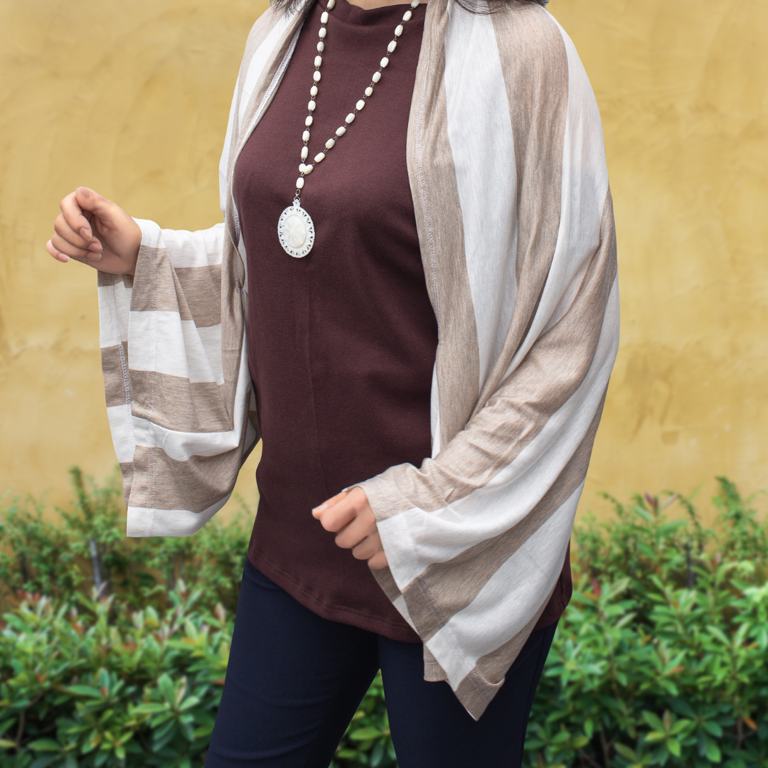 Sleeve Stole White & Beige Stripes Thick & Soft 材料披肩帶袖 SS04