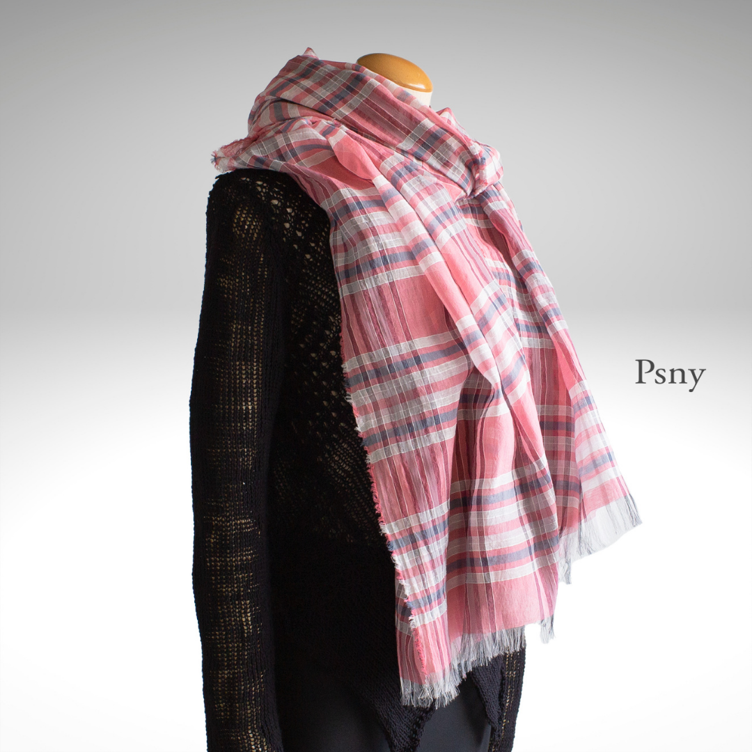 Cotton Silk Pink Check Long Stole Transparent Soft Feel Made in Japan Fluffy SV01