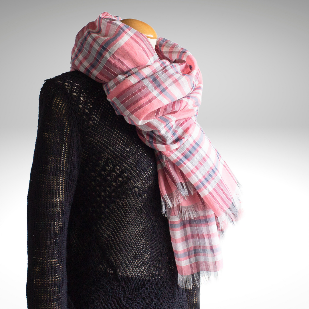Cotton Silk Pink Check Long Stole Transparent Soft Feel Made in Japan Fluffy SV01