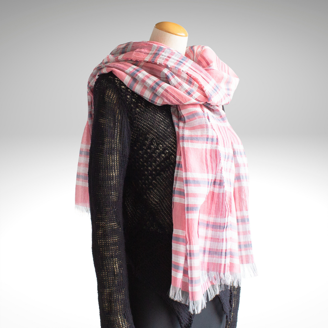 Cotton Silk Pink Check Long Stole Transparent Soft Feel Made in Japan Fluffy SV01