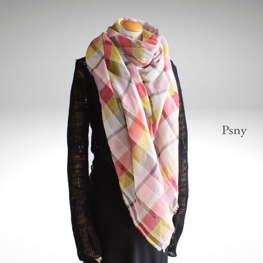 Cotton Silk Pink Check Long Stole 透明手感柔軟 Fluffy SV04