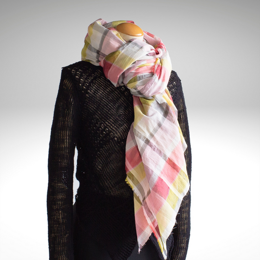 Cotton Silk Pink Check Long Stole 透明手感柔軟 Fluffy SV04