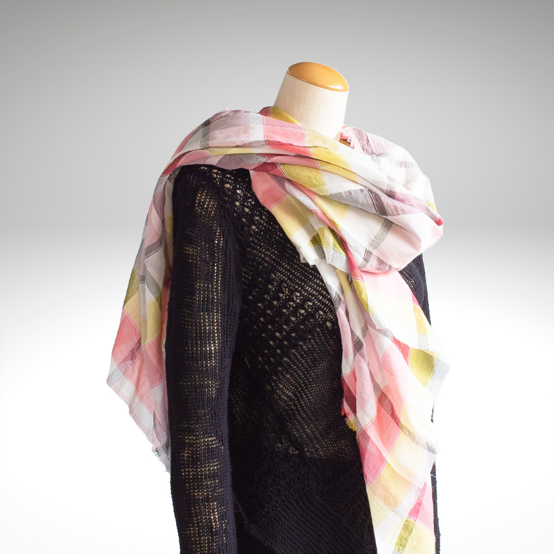 Cotton Silk Pink Check Long Stole 透明手感柔軟 Fluffy SV04