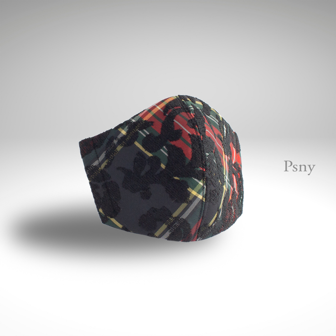 PSNY A beautiful mask with black rose brushed embroidery on a tartan check. Tartan Black Mask TC02