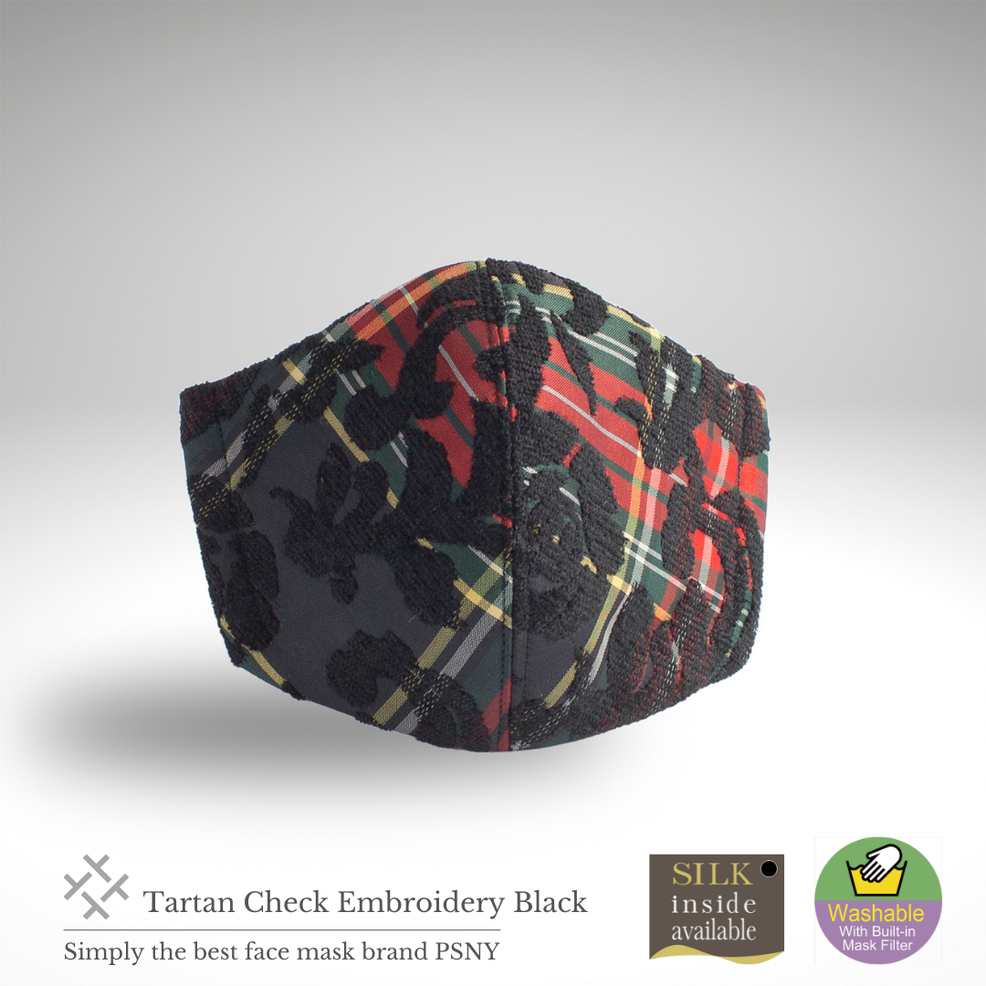 PSNY A beautiful mask with black rose brushed embroidery on a tartan check. Tartan Black Mask TC02