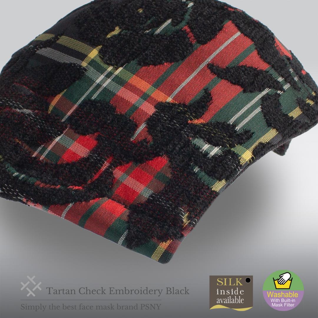 PSNY A beautiful mask with black rose brushed embroidery on a tartan check. Tartan Black Mask TC02
