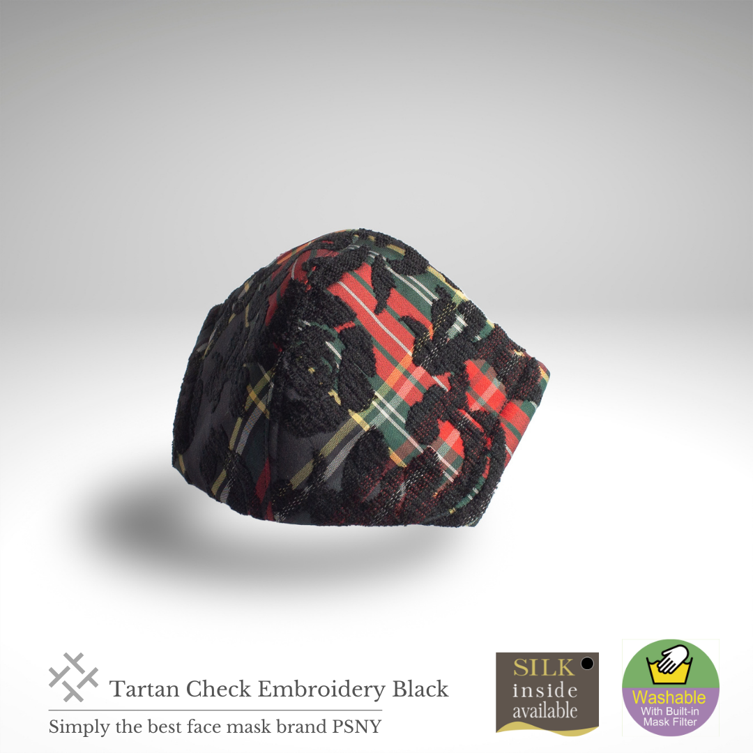 PSNY A beautiful mask with black rose brushed embroidery on a tartan check. Tartan Black Mask TC02