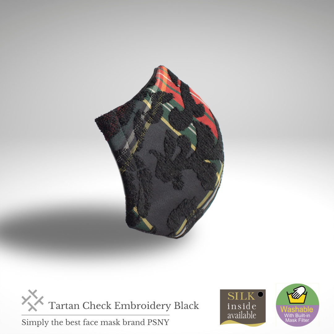 PSNY A beautiful mask with black rose brushed embroidery on a tartan check. Tartan Black Mask TC02