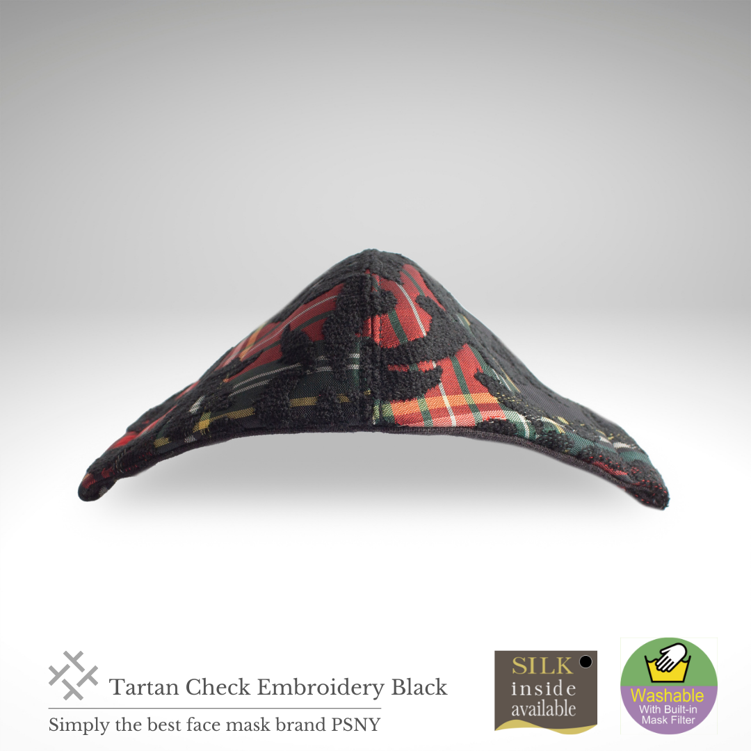 PSNY A beautiful mask with black rose brushed embroidery on a tartan check. Tartan Black Mask TC02