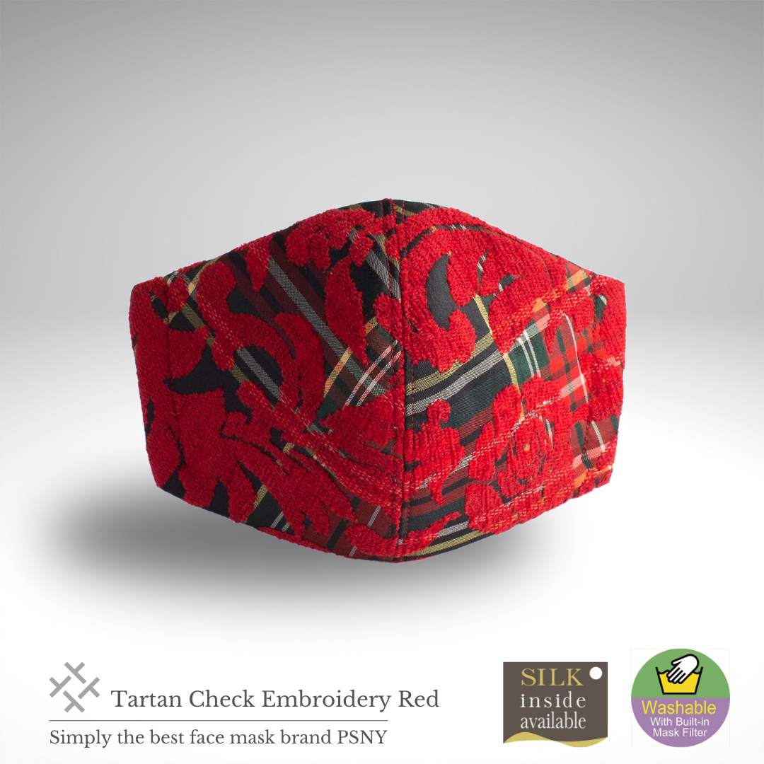 PSNY A beautiful mask with red rose brushed embroidery on a tartan check Tartan Red Mask TC03