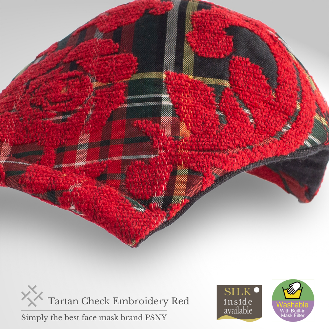PSNY A beautiful mask with red rose brushed embroidery on a tartan check Tartan Red Mask TC03