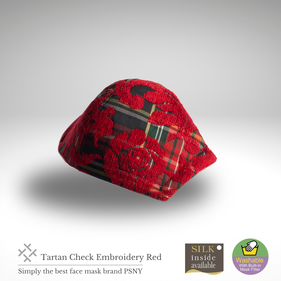 PSNY A beautiful mask with red rose brushed embroidery on a tartan check Tartan Red Mask TC03