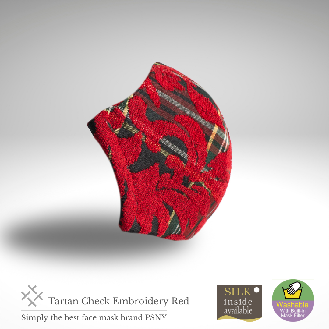 PSNY A beautiful mask with red rose brushed embroidery on a tartan check Tartan Red Mask TC03