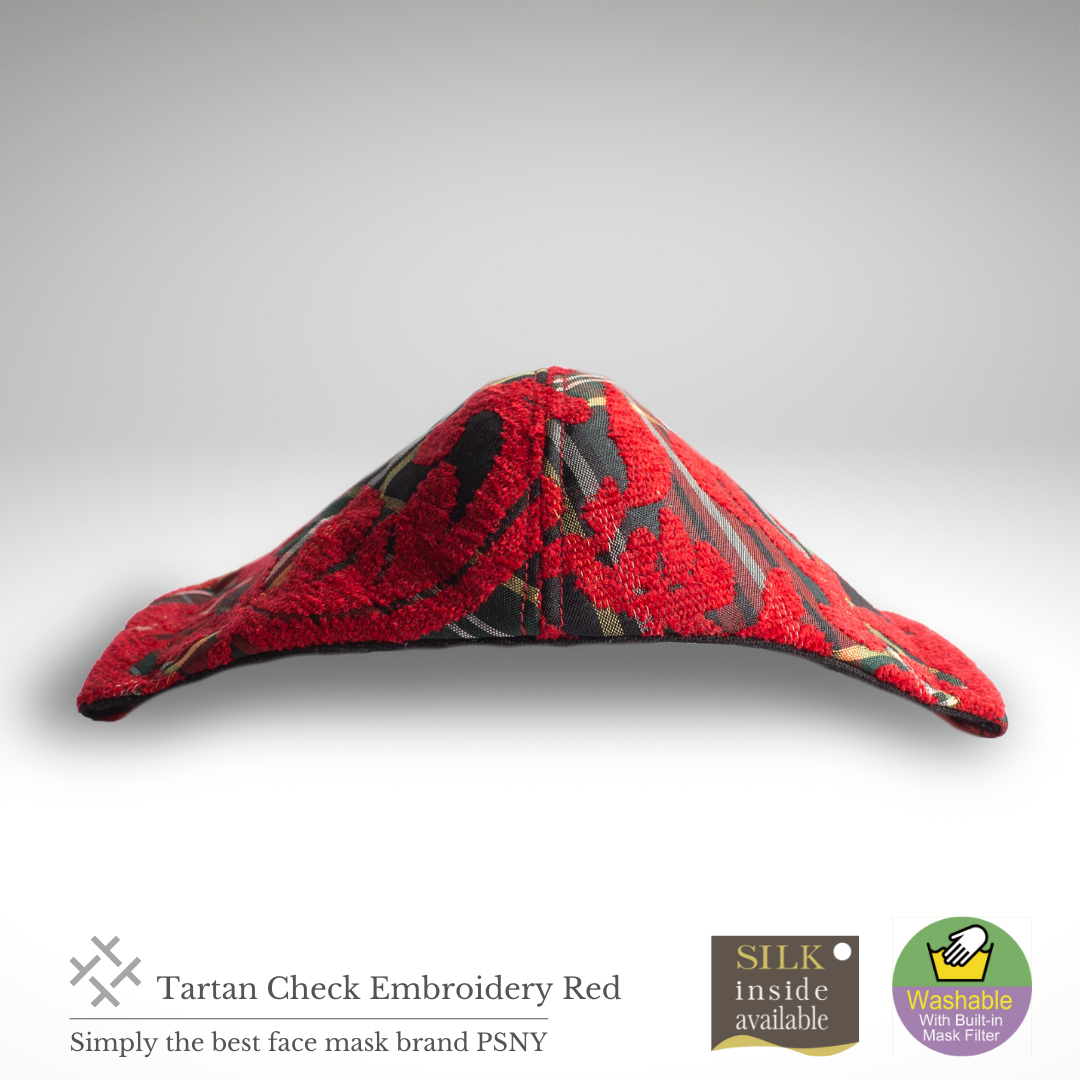 PSNY A beautiful mask with red rose brushed embroidery on a tartan check Tartan Red Mask TC03