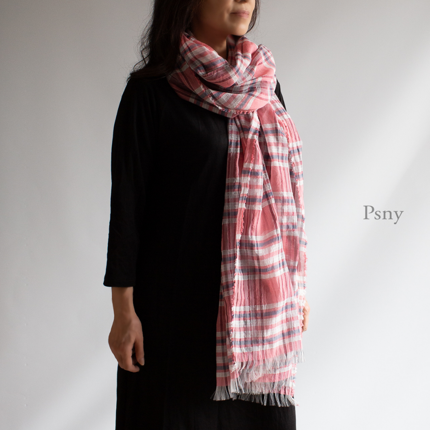 Cotton Silk Pink Check Long Stole Transparent Soft Feel Made in Japan Fluffy SV01