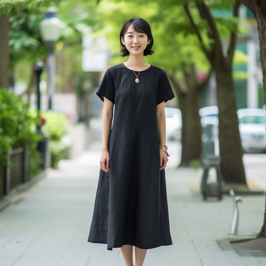 Hemp Linen Black Side Tuck Dress French Sleeve Maxi Length AP10 