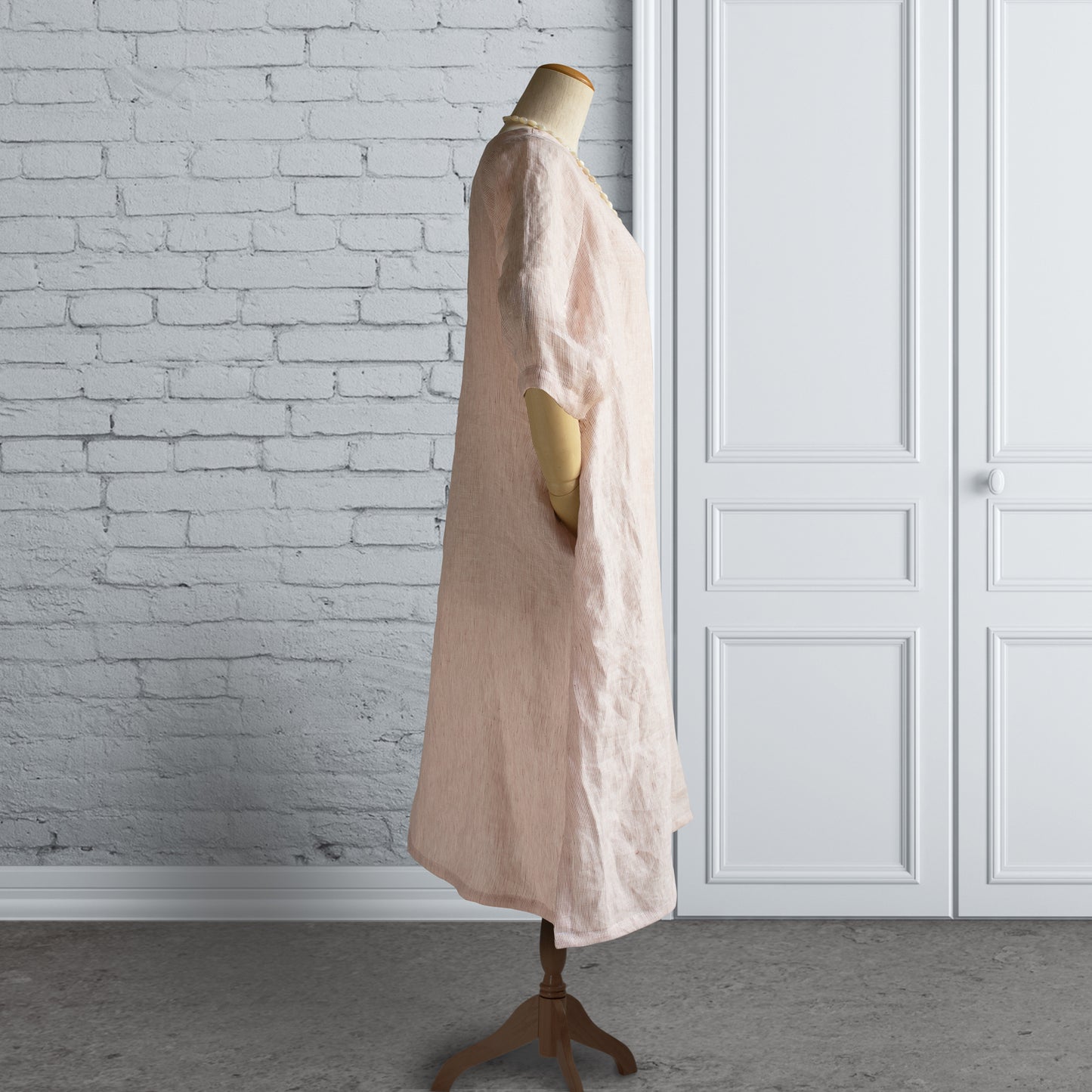 亞麻 拉克蘭袖 基本款洋裝｜粉紅細條紋