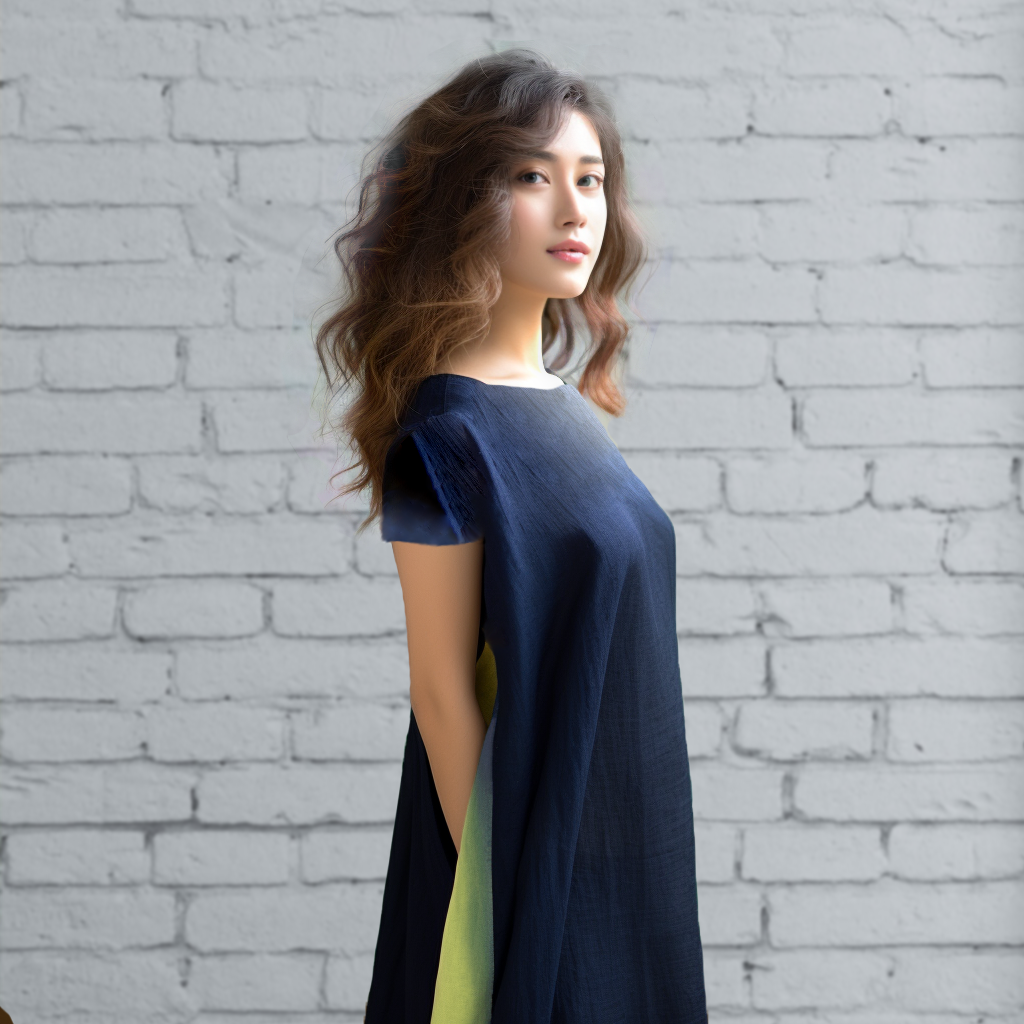 PSNY Hemp Linen Navy Blue Gradation Parakeet Side Tuck Dress French Sleeve AP16 