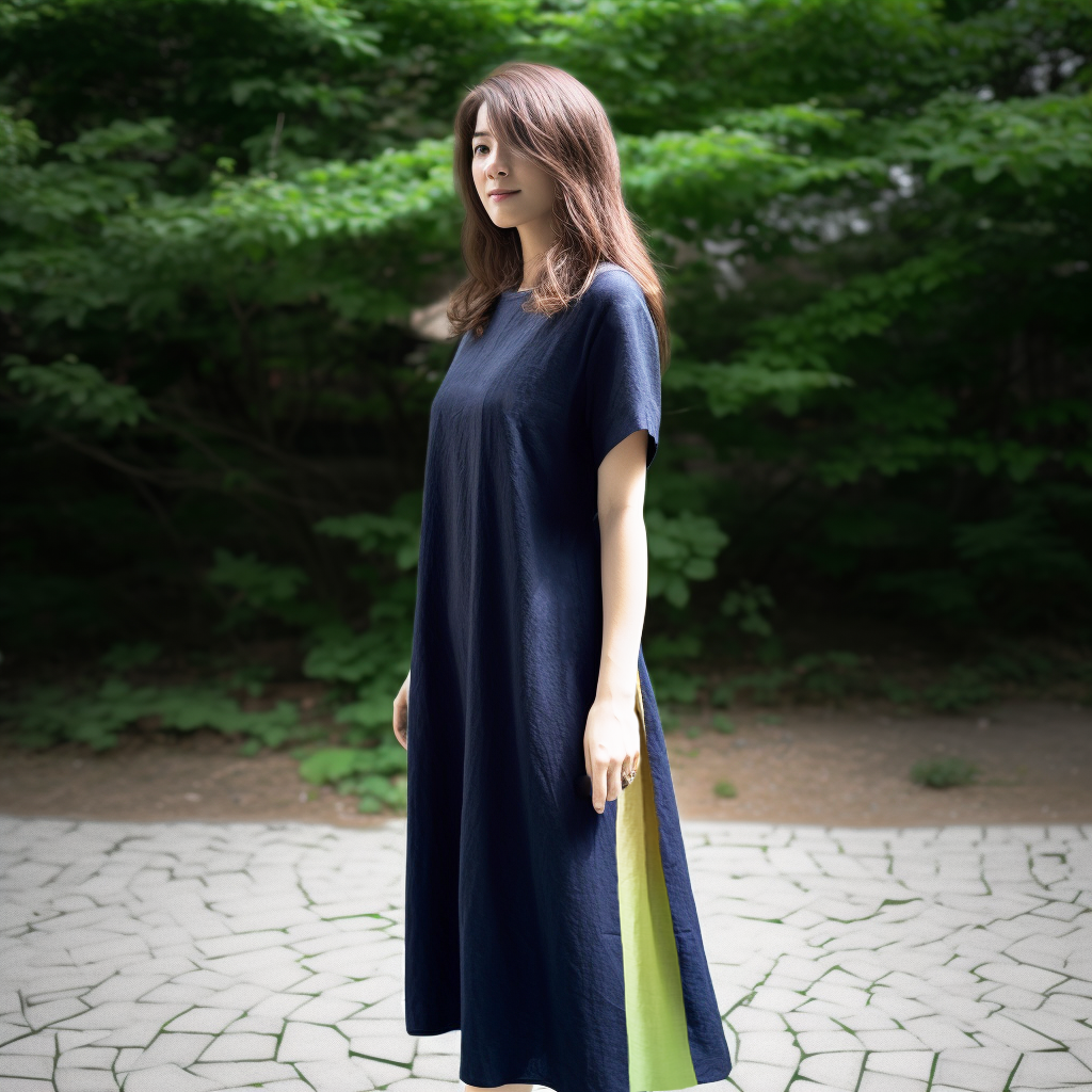 PSNY Hemp Linen Navy Blue Gradation Parakeet Side Tuck Dress French Sleeve AP16 