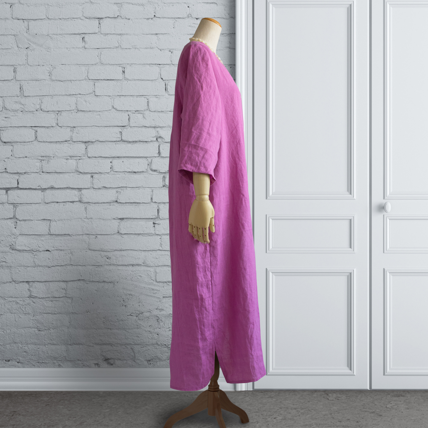 比利時亞麻 背部打褶 A 字洋裝｜紫色（七分袖）