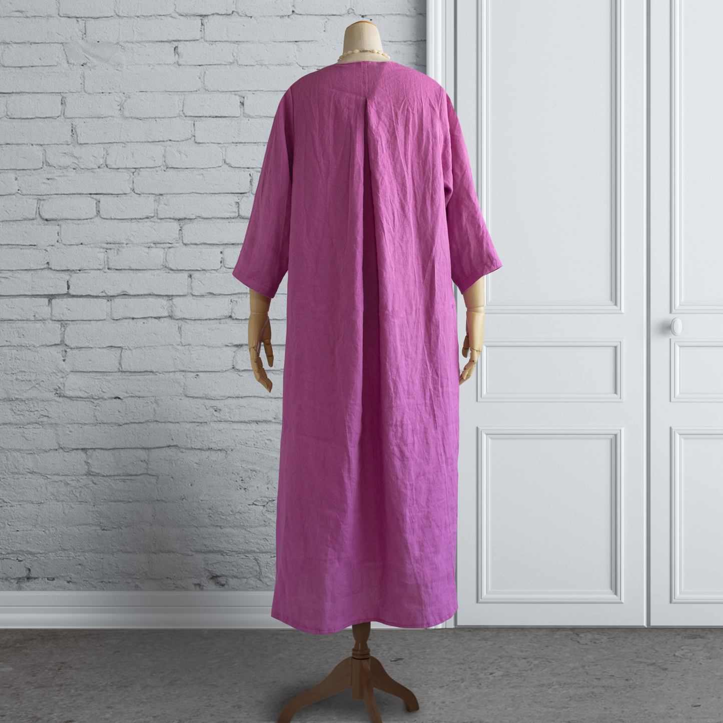 比利時亞麻 背部打褶 A 字洋裝｜紫色（七分袖）