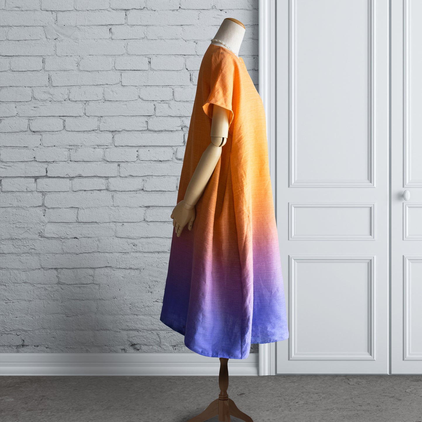 Atelier 亞麻 全漸層 橘藍色 側打褶 法式袖 長版洋裝