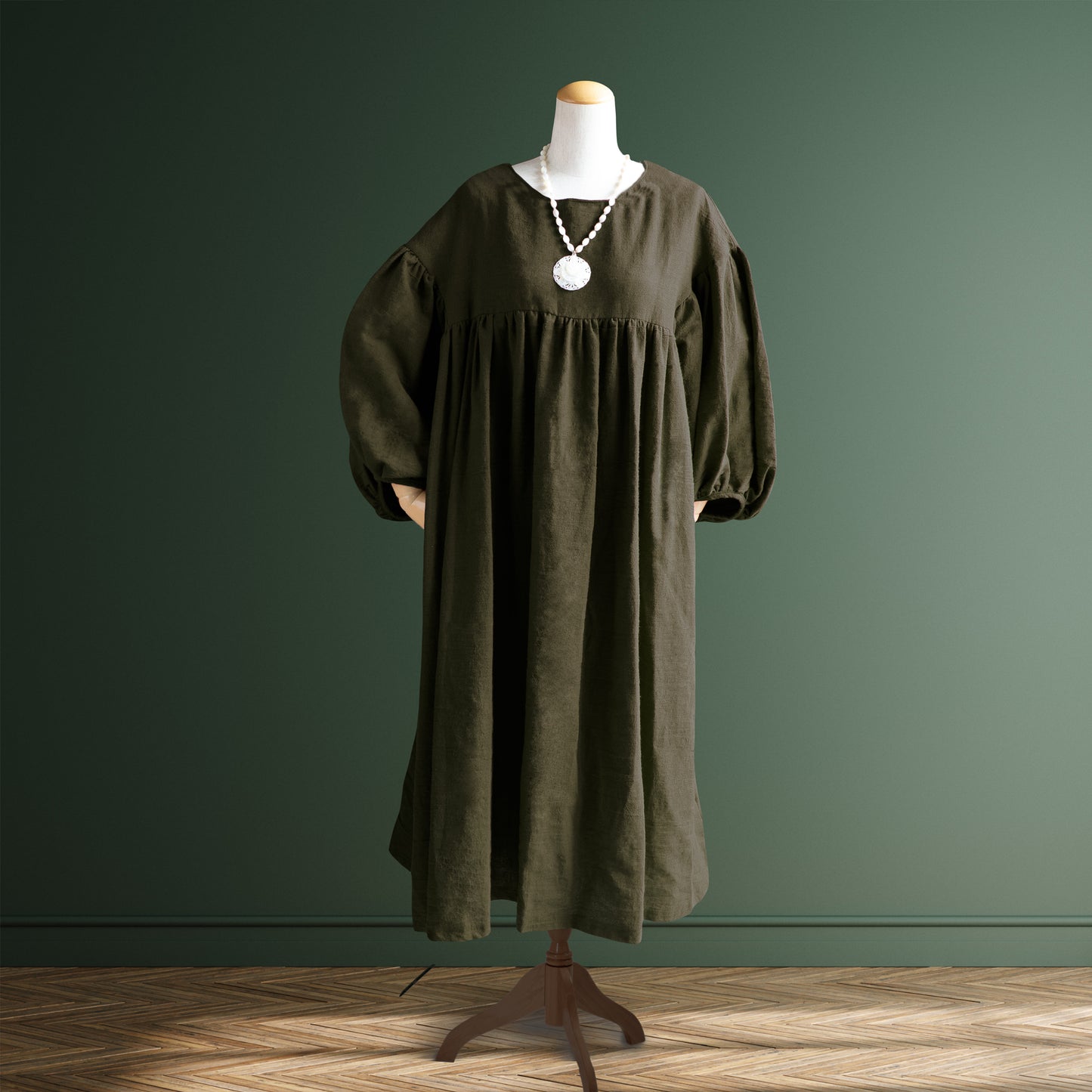 天然亞麻 抓皺 洋裝（長袖）｜磚紅棕／復古綠