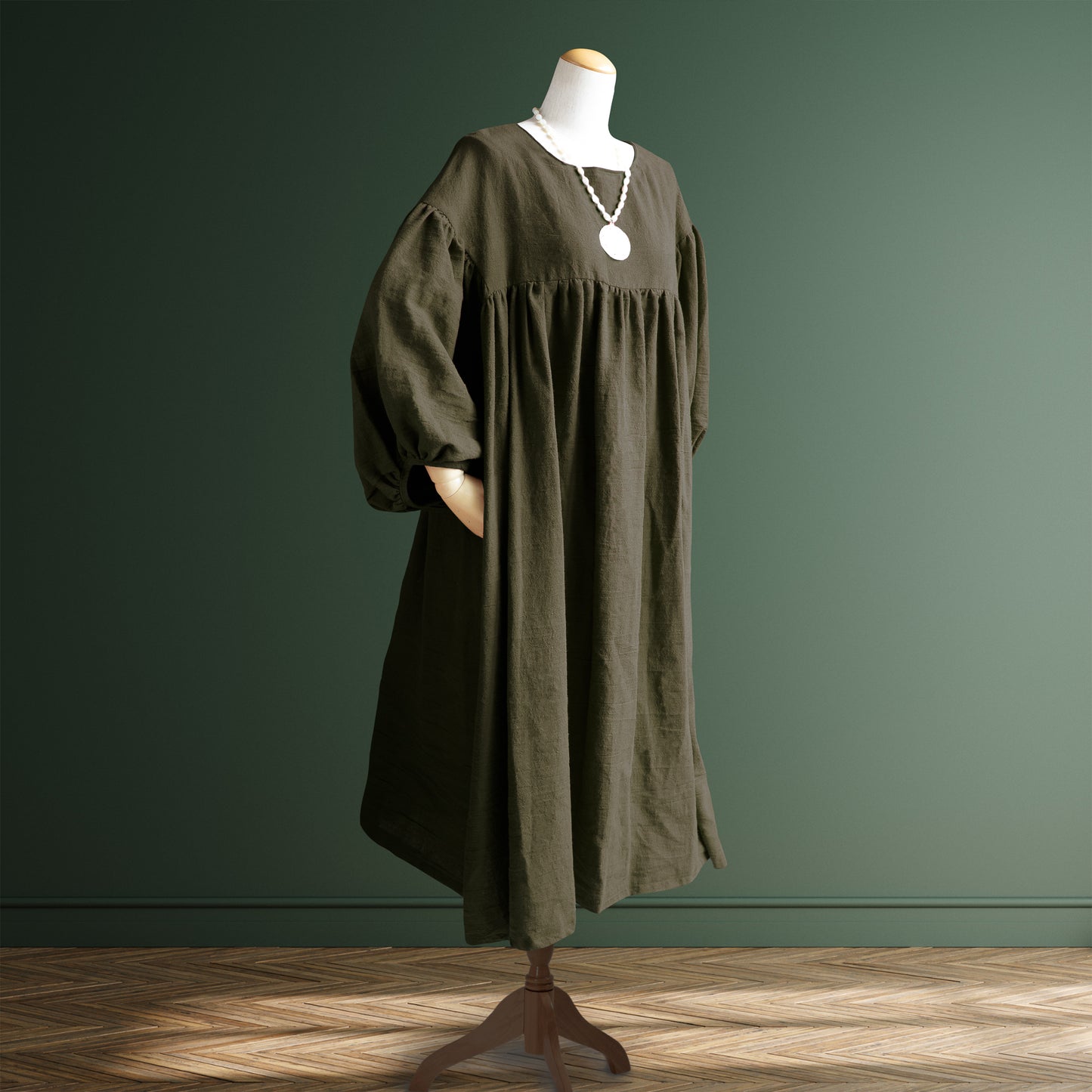 天然亞麻 抓皺 洋裝（長袖）｜磚紅棕／復古綠
