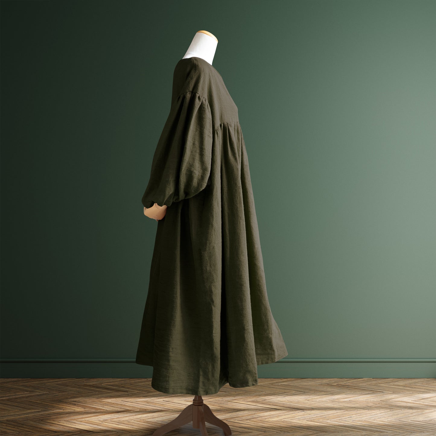 天然亞麻 抓皺 洋裝（長袖）｜磚紅棕／復古綠