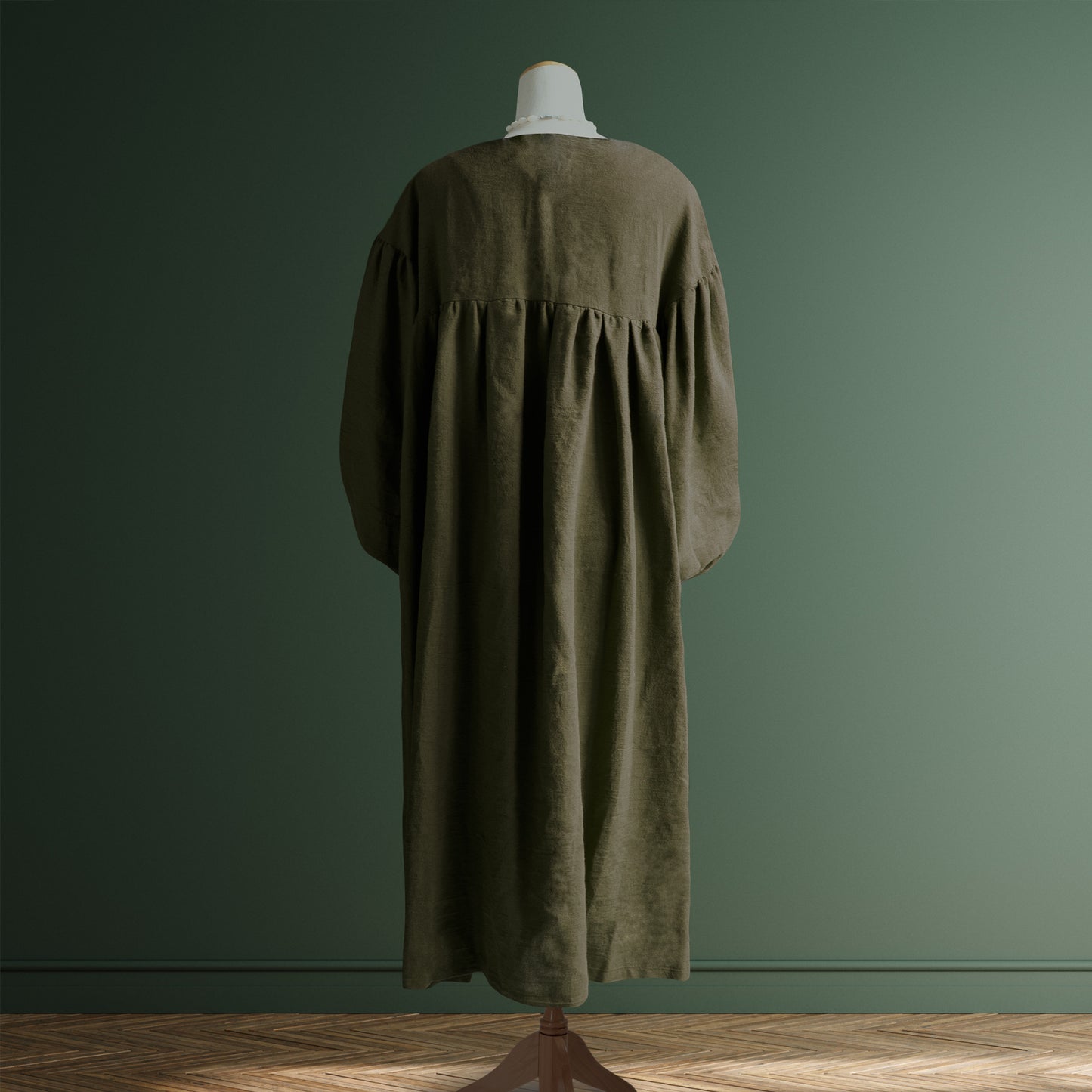 天然亞麻 抓皺 洋裝（長袖）｜磚紅棕／復古綠