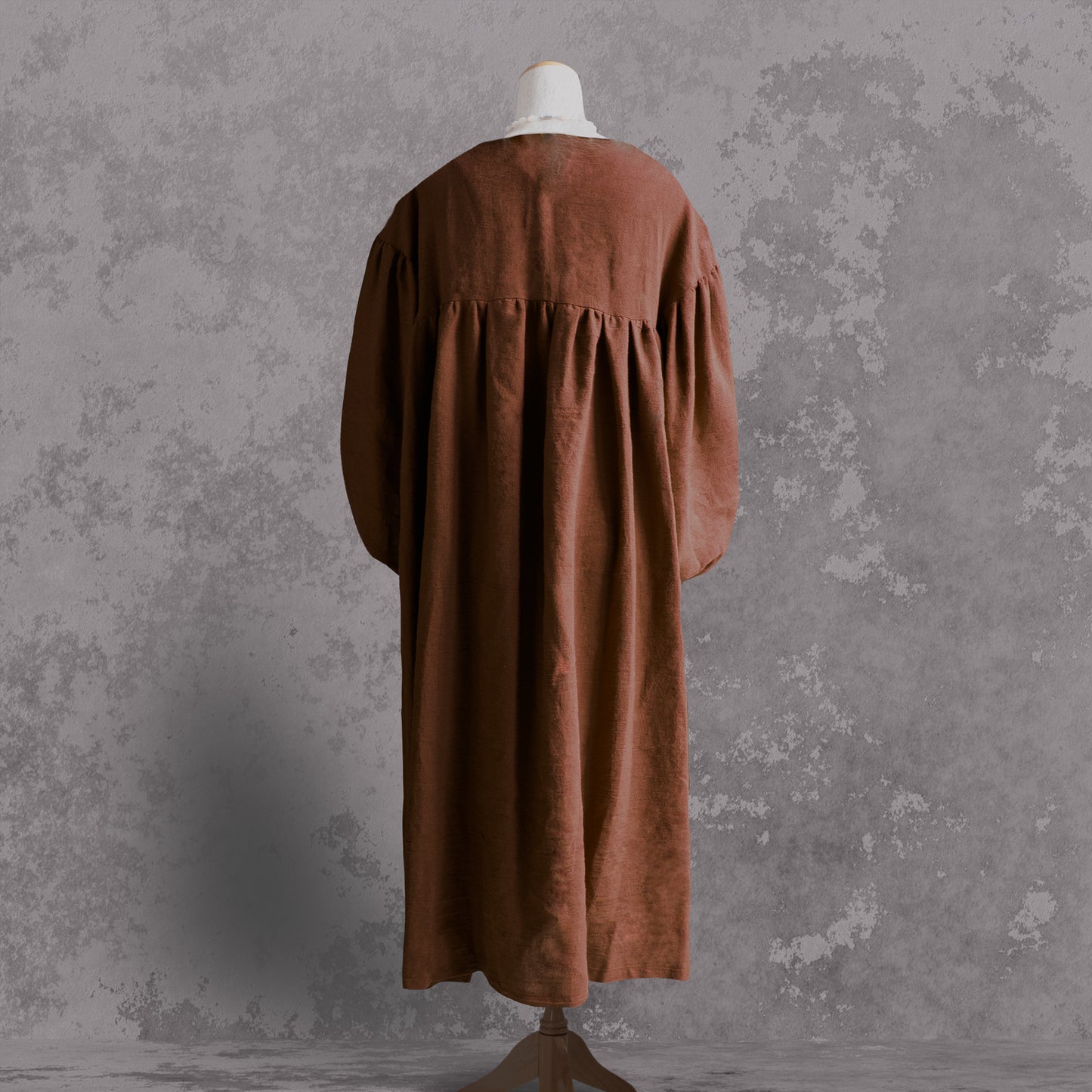 天然亞麻 抓皺 洋裝（長袖）｜磚紅棕／復古綠