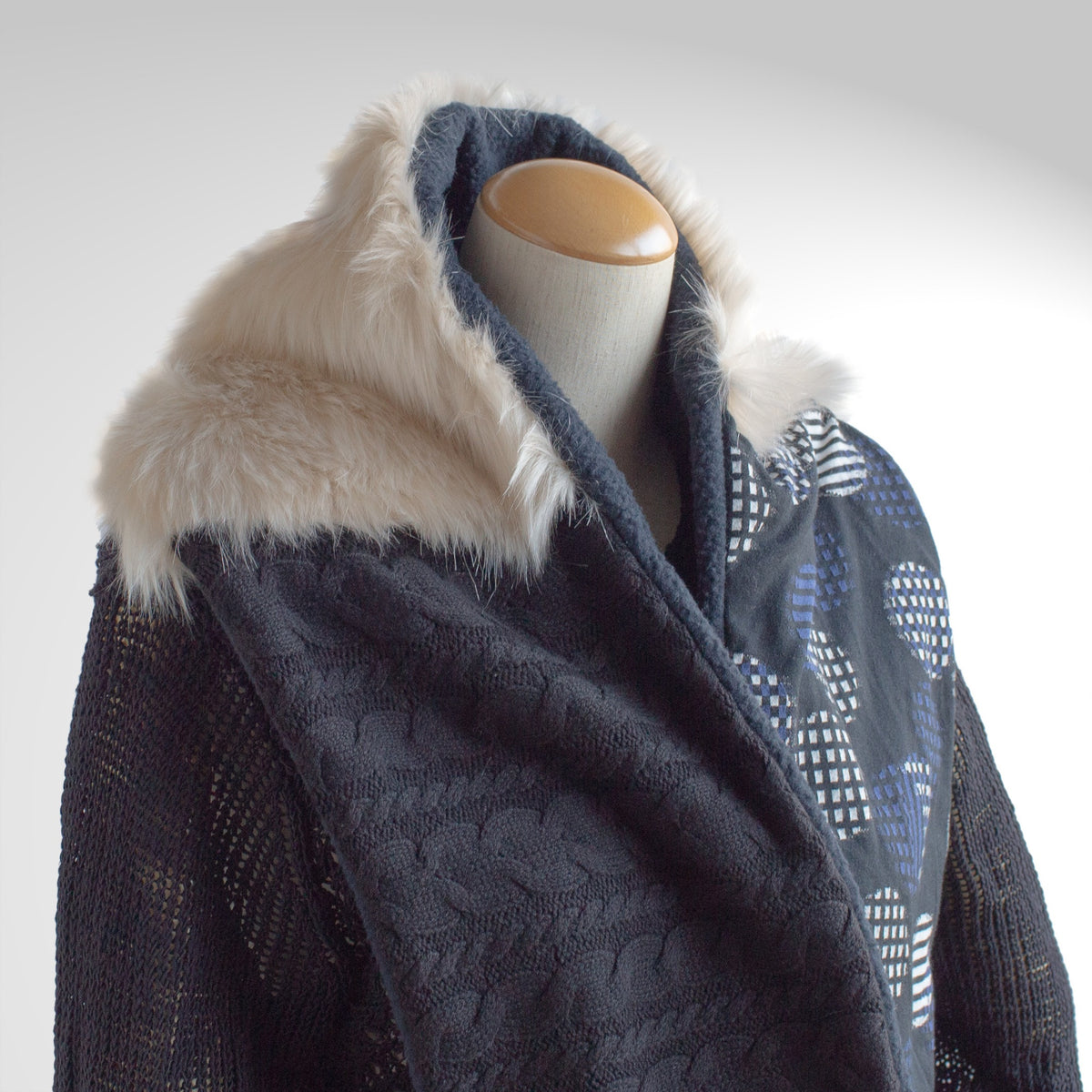 White Faux Fur & Black Aran Knit Snood