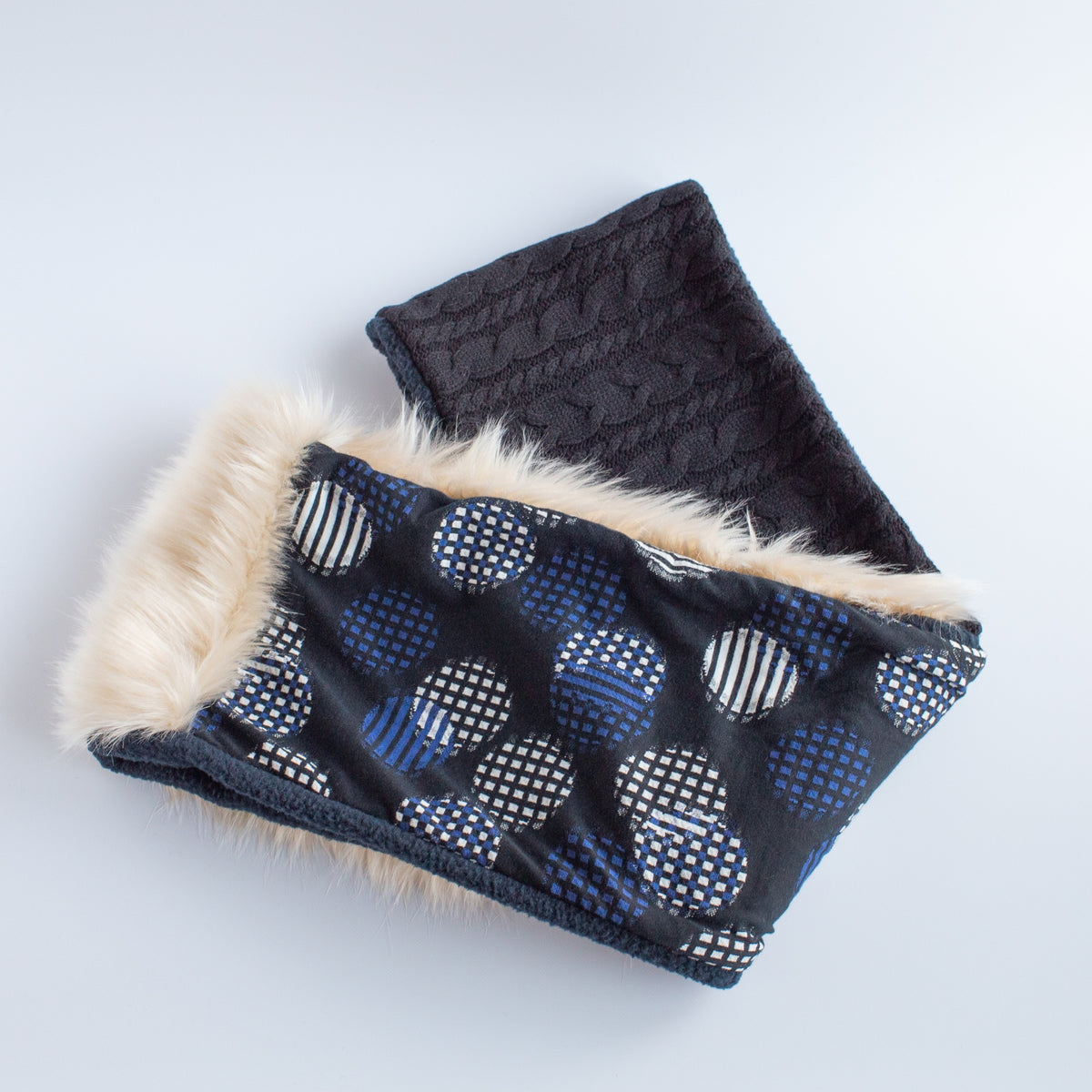 White Faux Fur & Black Aran Knit Snood