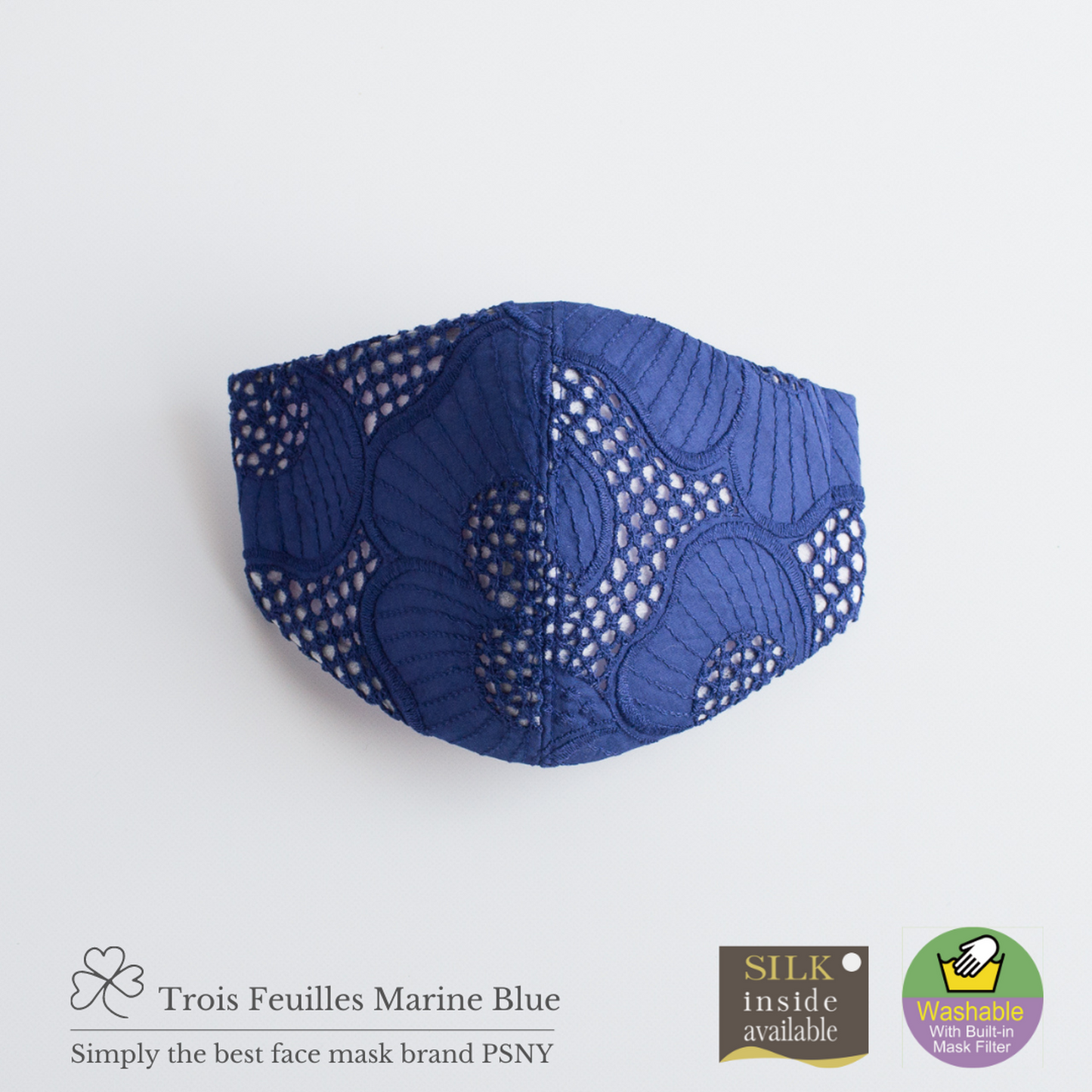 PSNY Troisfeuille, Cotton, Cutwork, Lace, Marine Blue Mask, Non-woven Fabric Filter Included, Blue, Dark Blue, Summer, Beautiful, Delicate, Pollen, Yellow Sand, Elegant, Elegant, Linen, Adult Mask TF04