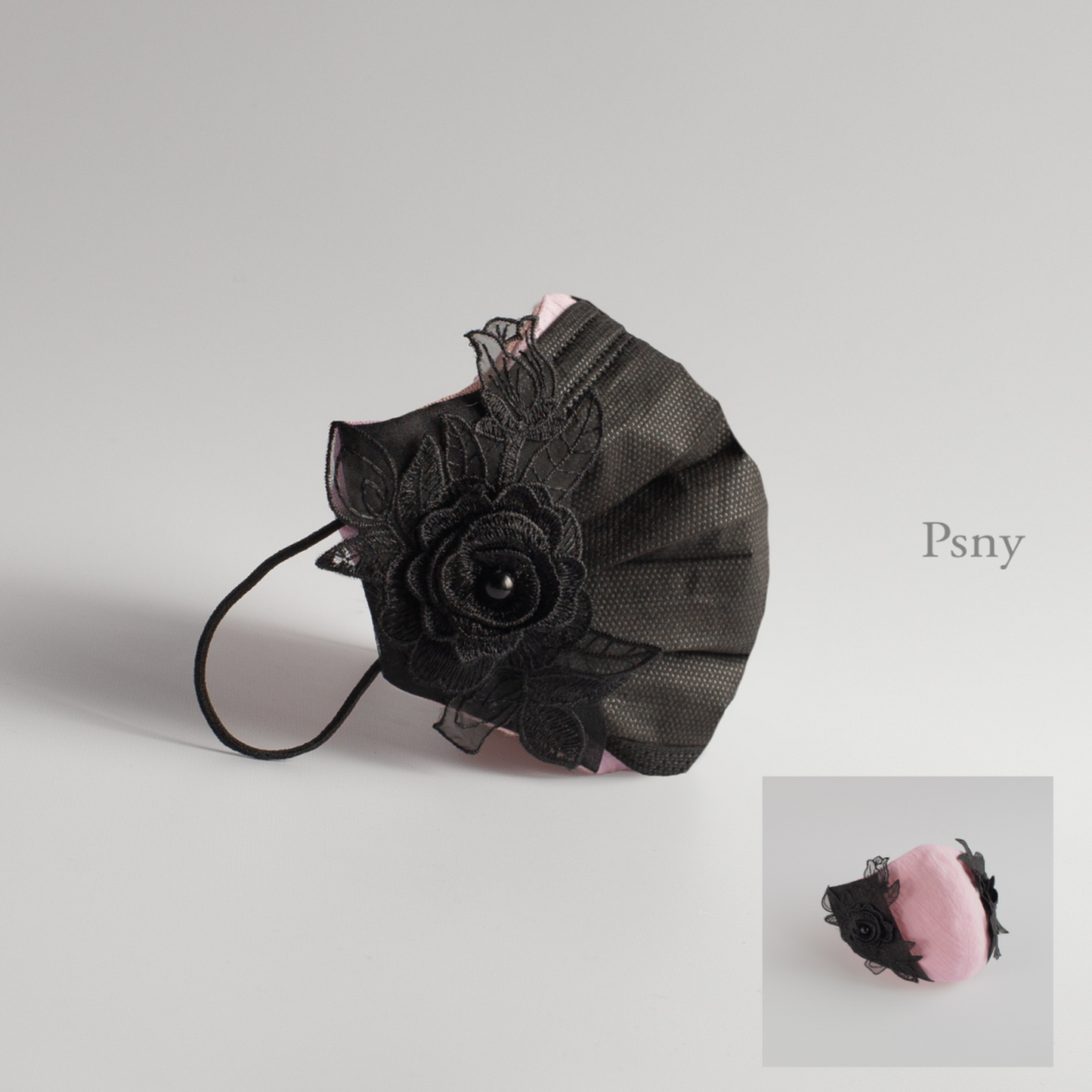 PSNY 2way 粉紅色亞麻麵膜罩裝飾黑色三維花朵圖案 結合無紡布面膜 皮膚面/絲綢可選 帶繩面膜罩 立體美人兩用 2W14
