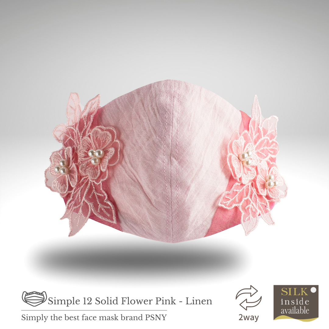 PSNY 2way・ピンクの立体花モチーフで装飾されたリネンのマスクカバー 不織布マスクと組合せ 肌面シルク 肌面・シルク選択可 紐付 ますくかばー 立体 美人 ツーウェイ -2W12