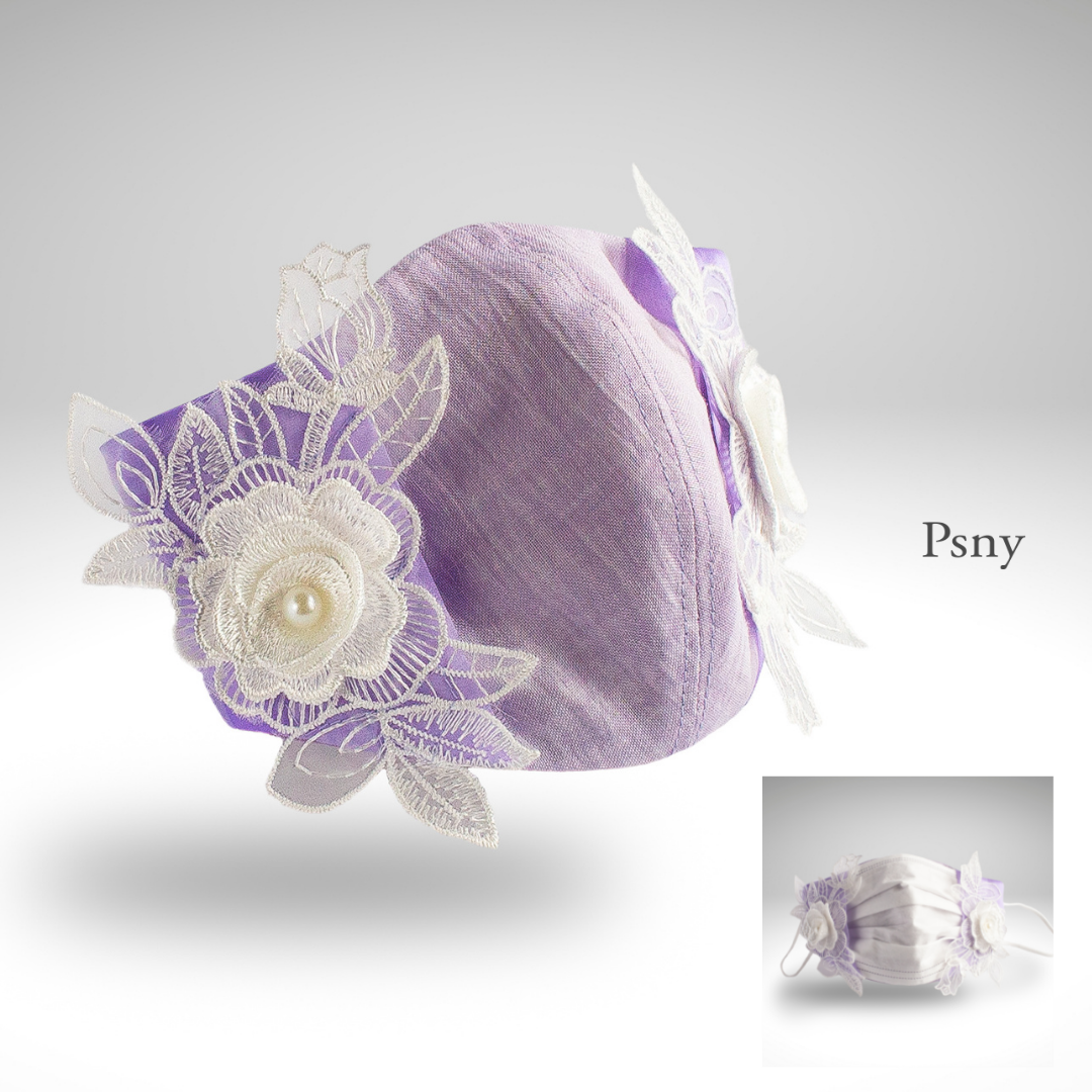 PSNY 2way 薰衣草色亞麻麵膜罩飾以白色立體花朵圖案 結合無紡布面膜 皮膚面/絲綢可選 帶繩面膜罩 立體美人兩用 2W13