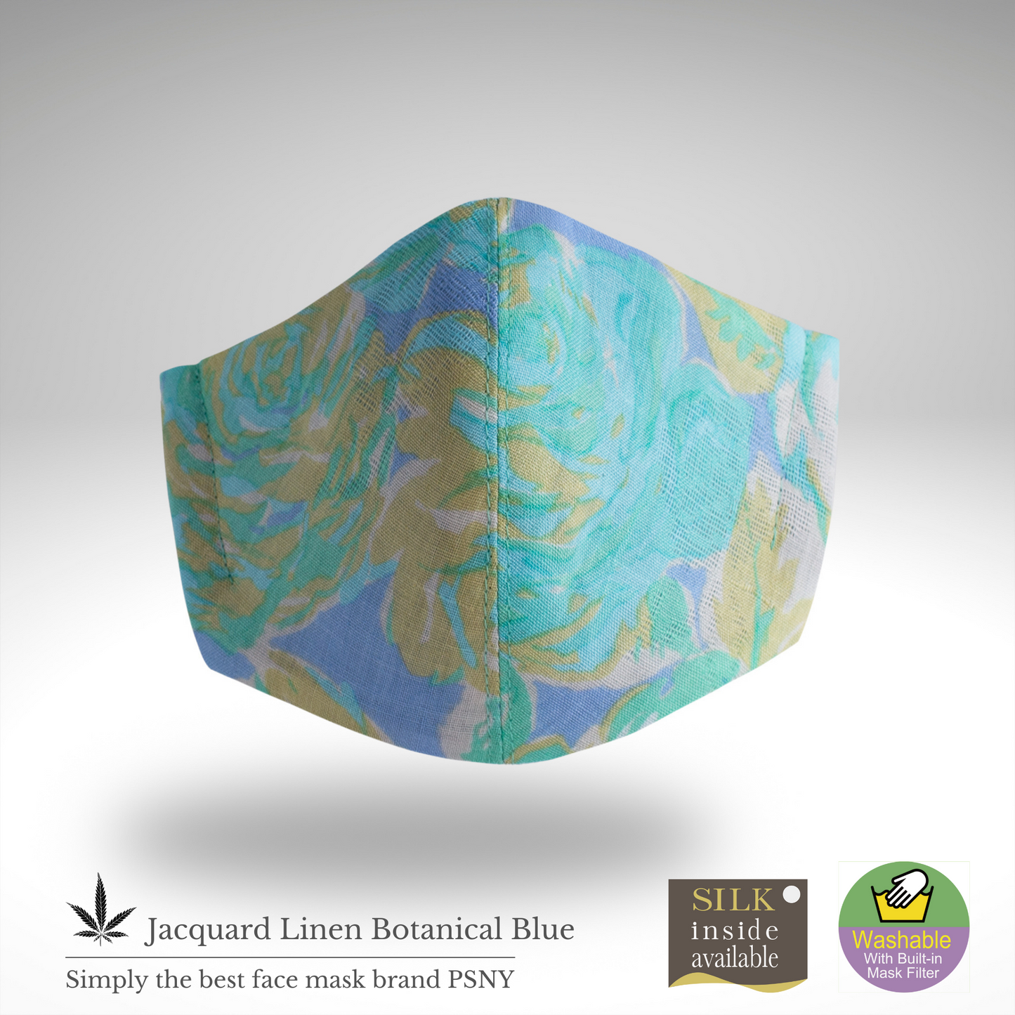 PSNY 提花亞麻植物藍色 3D 成人口罩，帶無紡布濾芯 JL10