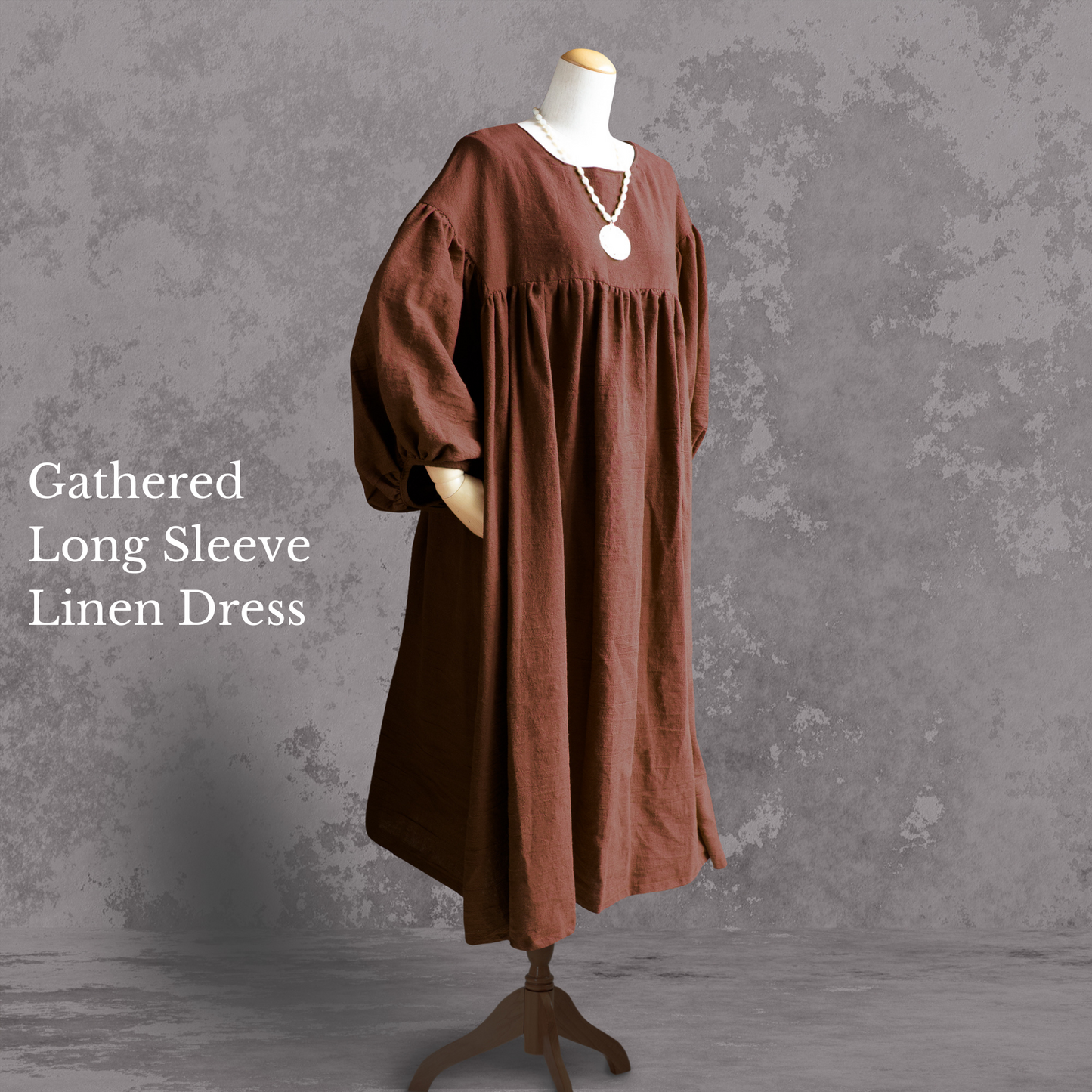 PSNY Natural Linen Gathered Dress Long Sleeve AP22 